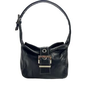 Perlina Black Leather Mini Satchel Handbag Purse Foldover Magnetic Snap